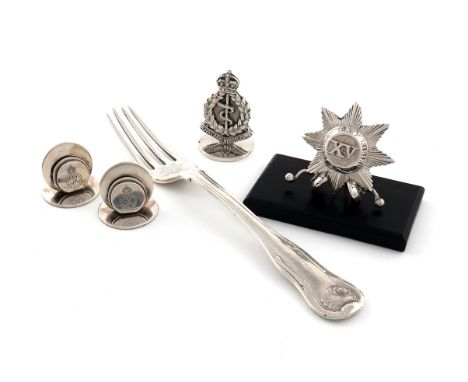 A mixed lot of Regimental silver items, comprising: a pair of menu card holders, The 1st Life Guards, by The Goldsmiths and S