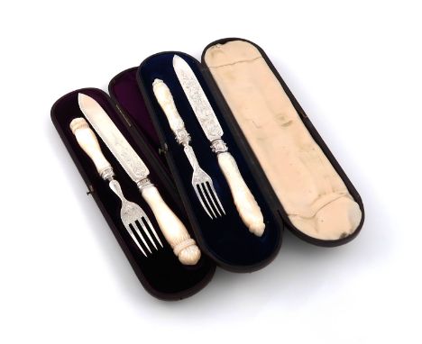 Two cased Victorian silver and mother-of-pearl knife and fork serving sets, one set by Martin, Hall &amp; Co., Sheffield 1856