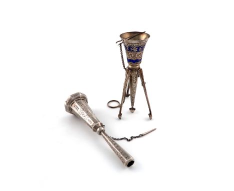 Two Victorian posy holders, unmarked, one of tapering circular form, with blue enamel and scroll foliate decoration, spring-o