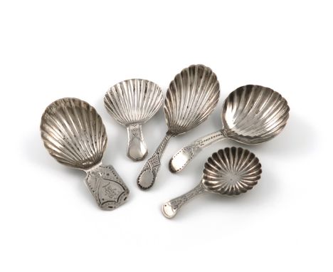 A collection of five George III silver caddy spoons, by various makers and dates, comprising: two by Elizabeth Morley, London