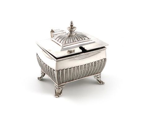 A late-Victorian silver mustard pot, by Finley and Taylor, London 1889, rectangular form, part-fluted decoration, scroll hand