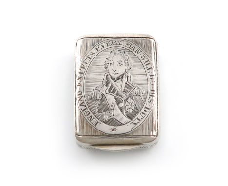 A George III Commemorative silver Nelson vinaigrette, by Mathew Linwood, Birmingham 1805, rectangular form, the hinged cover 