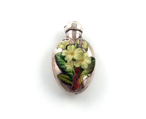 A Victorian silver and enamel scent bottle, by Saunders and Shepherd, London 1889, ovoid form, screw-off cover, the front ena