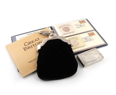 A mixed lot of silver items, comprising: a Dutch silver mounted black velvet bag, scalloped shaped silver mount, engraved scr