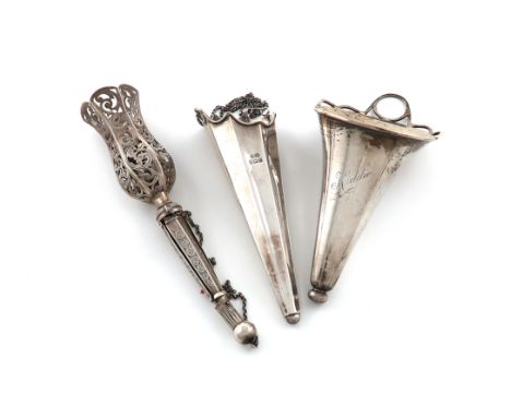 Three silver posy holders, comprising: one apparently unmarked, pierced and engraved scroll decoration, spring-out legs with 