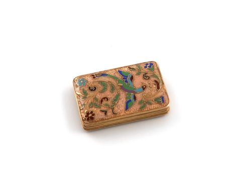 A 19th century French gold and enamel vinaigrette, rectangular form, enamelled with a bird and foliate decoration on a peach 