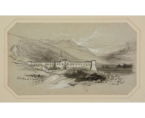 Edward Lear (1812 - 1888) - L'Abbazia di Santo Spirito, 1844 Black chalk, pencil, wash, heightened with white, on light grey 