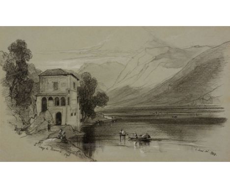 Edward Lear (1812 - 1888) - Lago di Scanno, 1844 Black chalk, grey wash, heightened with white, on light blue grey paper Sign