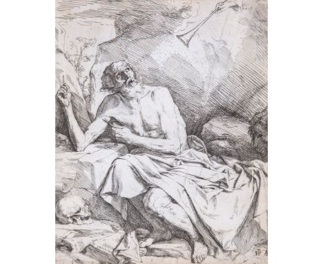 José de Ribera (1591-1652) - St Jerome hearing the trumpet of the Last Judgement, Etching, on laid paper  Circa   1621, [B. 5