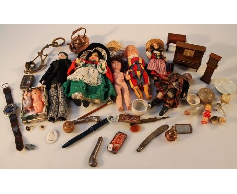 A quantity of miniature and doll's furniture, to include a copper kettle 8cm high, piano, grandfather clock, metal sconce, sm