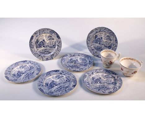 A set of six early 19thC Spode blue and white plates, of circular form, decorated with figures before buildings and trees, wi