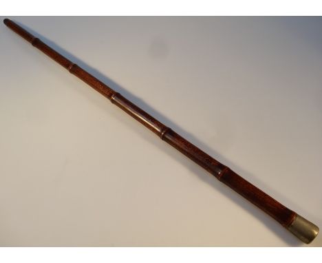 A Chinese bamboo walking stick, of cylindrical form with a white metal knop and metal end, probably Xuantong period, 91cm hig
