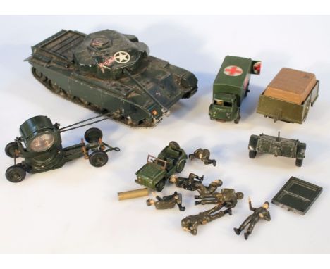 A quantity of Dinky and other die-cast vehicles, to include a military ambulance, Britain's trailer, a large tank model, 30cm