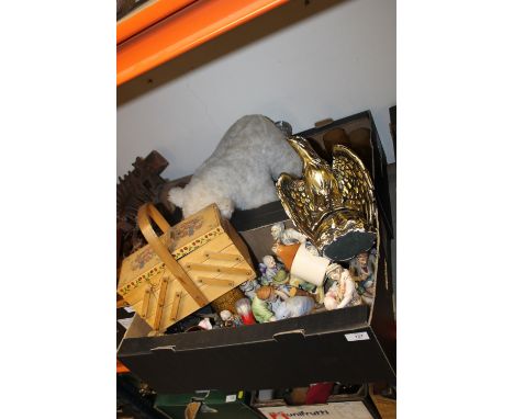 TWO TRAYS OF CERAMICS & GLASS TO INC A SEWING BOX, CUT GLASS DECANTER ETC