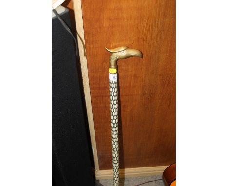 A MOTHER OF PEARL INLAID WALKING CANE WITH EAGLE HEAD HANDLE