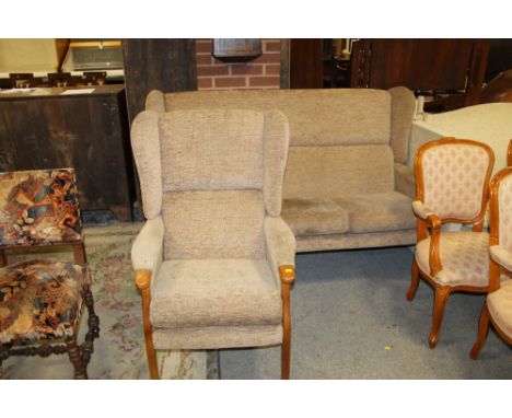 A MODERN WING BACK ARM CHAIR & MATCHING THREE SEATER WING BACK SOFA