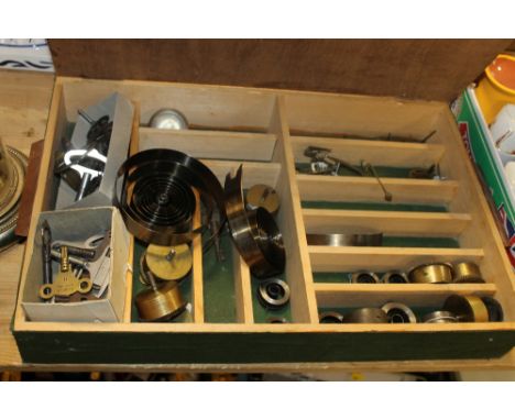 A COLLECTORS BOX & CONTENTS TO INC CLOCK KEYS, PARTS ETC