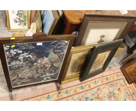 A GLAZED OAK FIRESCREEN TOGETHER WITH A SELECTION OF MILITARY PICTURES