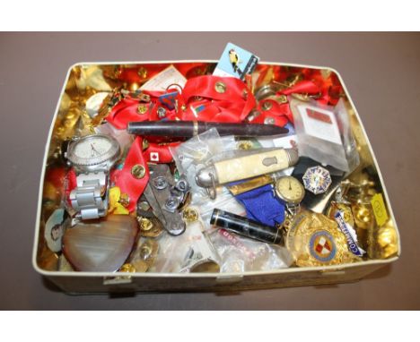 A BOX OF ENAMEL BADGES + COLLECTABLES