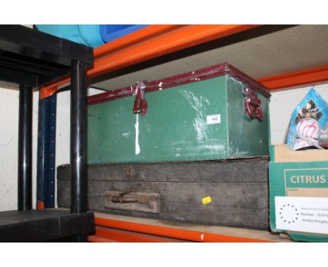 A PAINTED METAL TRUNK TOGETHER WITH WOODEN TOOLBOX