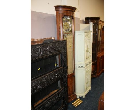 A MODERN TEMPUS FUGIT CORNER STYLE LONG CASE CLOCK WITH INLAID DETAIL - TRIPLE WEIGHT AND PENDULUM