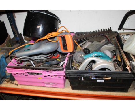 TWO TRAYS OF POWER TOOLS TO INC A HEDGE TRIMMER ETC