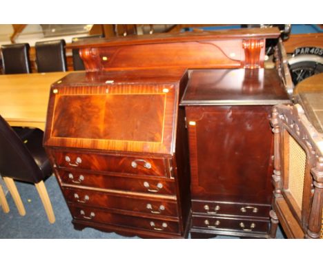 A REPRODUCTION MAHOGANY BUREAU, HI-FI CABINET + AN OAK FIRE SURROUND (3)