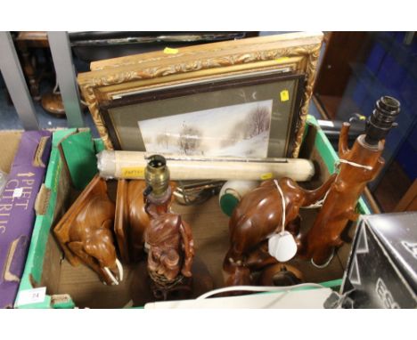 A TRAY OF TREEN ITEMS TO INC BOOK ENDS, LAMP ETC