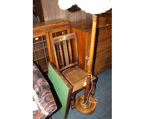 AN OAK STANDARD LAMP, OAK CHAIR + CARD TABLE  (3)