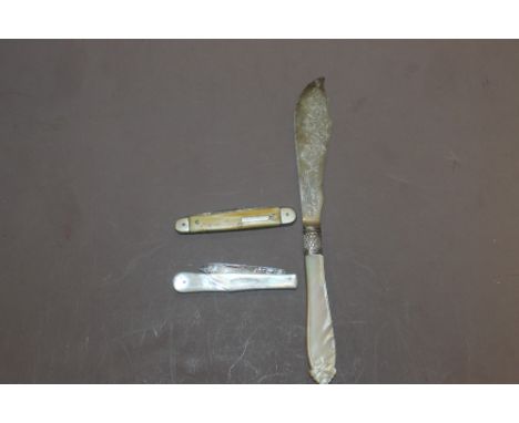A MOTHER OF PEARL SILVER FOLDING KNIFE + ANOTHER + A MOTHER OF PEARL BUTTER KNIFE