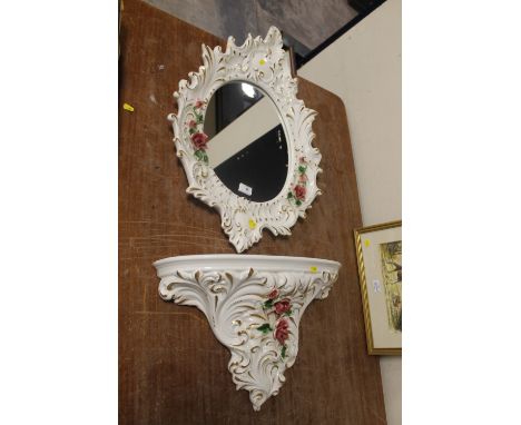 A CERAMIC WALL MIRROR & MATCHING SHELF