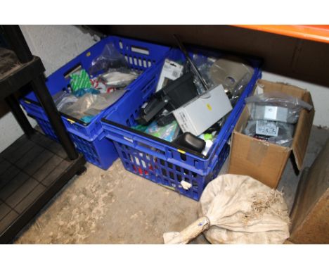 THREE BOXES OF TOOLS & SUNDRIES ETC TO INC HILTI EXPANDING JOINTS, 240W LAMP, BOLTS, CIRCLE HOOKS ETC, TOGETHER WITH A LARGE 