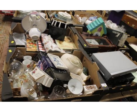 FOUR TRAYS OF SUNDRIES TO INC A WALL CLOCK, STAFFORDSHIRE STYLE DOG ETC
