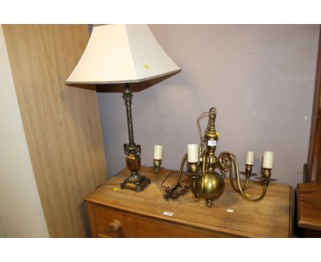 A PAIR OF BRASS FIVE BRANCH CHANDELIERS + A TABLE LAMP  (3)