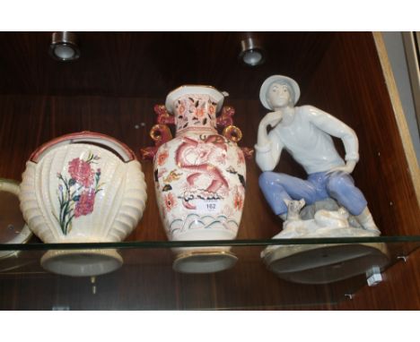 A LARGE MASONS VASE, LARGE NAO STYLE FIGURE & A CARNATION BASKET (3)