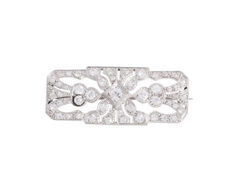 Art Déco hübsche Brosche mit Altschliff- und Achtkantdiamanten zus. ca. 1 ct, mittlere Farbe und Reinheit, Platin, 5,6 g, 3,5