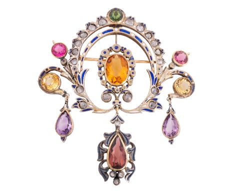 Renaissance Anhänger/Brosche mit Farbsteinen und Diamantrosen, zus. ca. 0,6 ct, niedrige Farbe und Reinheit, tlw. mit Ausbrüc