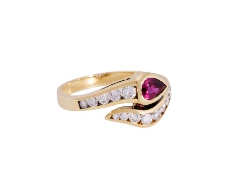 Schlangenring mit Rubintropfen und Brillanten von zus. ca. 0,44 ct, ca. LGW (I)/SI, GG 18K, 4,5 g, RW: 57, Ende 20. Jh., Trag