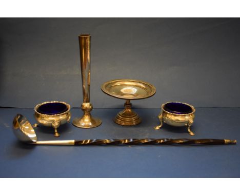 A pair of silver salts, by Hasler & Bill, Chester 1921; together with a silver stem vase; a silver tazza; and a whalebone han