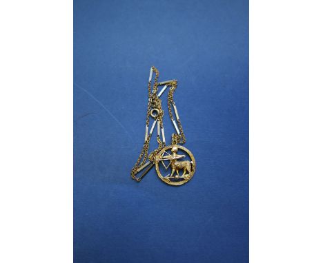 A 9ct gold Sagittarius Zodiac pendant on 9ct gold fancy chain, 7.1g.