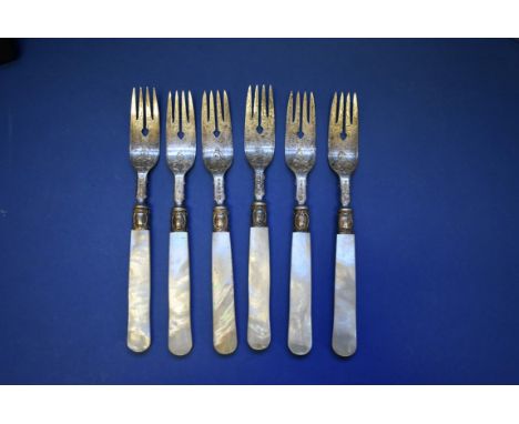 A set of six Victorian silver fish knives and forks, by John Gilbert, Birmingham 1874, having mother of pearl handles.