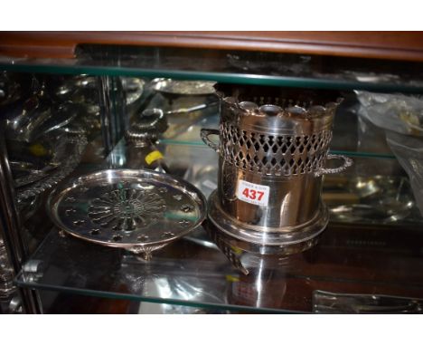 A silver plated bottle coaster; a small tray and a silver toddy ladle. Condition Report: ladle - (handle broken at join)