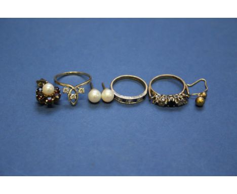 Three 9ct gold gem set rings; together with a pair of 9ct gold pearl ear studs; and three other items.