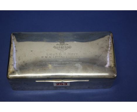 An Edwardian silver cigarette box, by Mappin & Webb, London 1903, engraved 'Lieut. G R Mott, 2nd SO.Lancaster Regiment, 82nd 