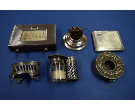 An engine turned silver cigarette case; together with a silver mounted pen wipe; and other silver and metal items, 178g.