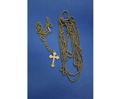 A 15ct gold chased cross on an unmarked twist chain, 7.8g; together with an unmarked longuard chain, on a 9ct lobster clasp, 
