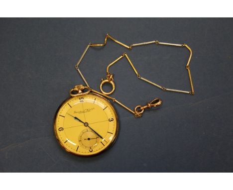 An International Watch Company 14K gold open face pocket watch, having brushed gilt dial, subsidiary seconds dial and blued h