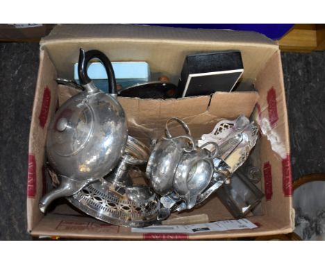 A hammered pewter three piece tea set, by Hutton, Sheffield; and a quantity of silver plated and other items.