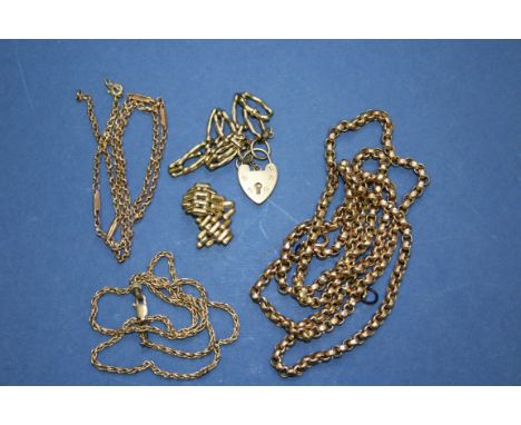 A small quantity of 9ct gold, to include; two necklaces; a bracelet; and a pair of earrings. 23.3g; together with one other n