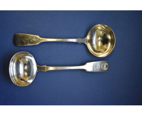 A Victorian silver fiddle and shell patern sauce ladle, by William Robert Smiley, London 1850, 82g; together with a George IV